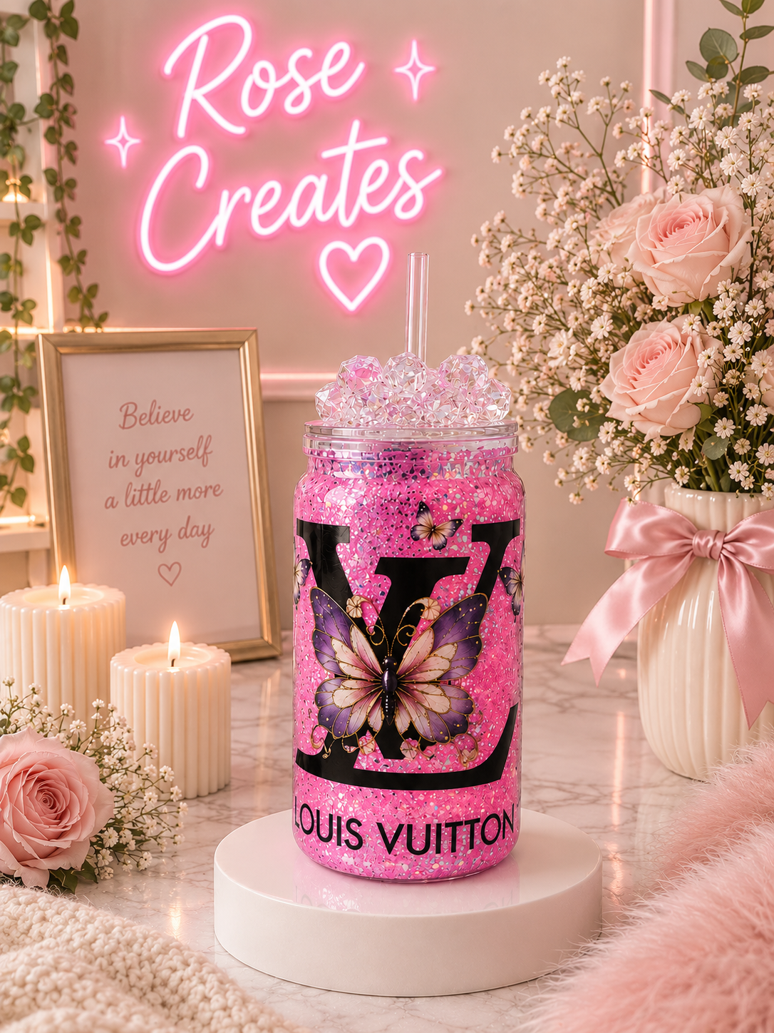 16oz Pink Butterfly Designer-Inspired Snowglobe Tumbler