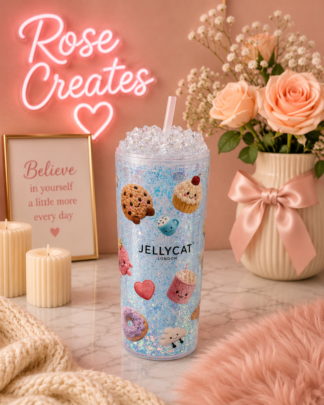 24oz Sweet Treats Blue Snowglobe Tumbler with iced lid