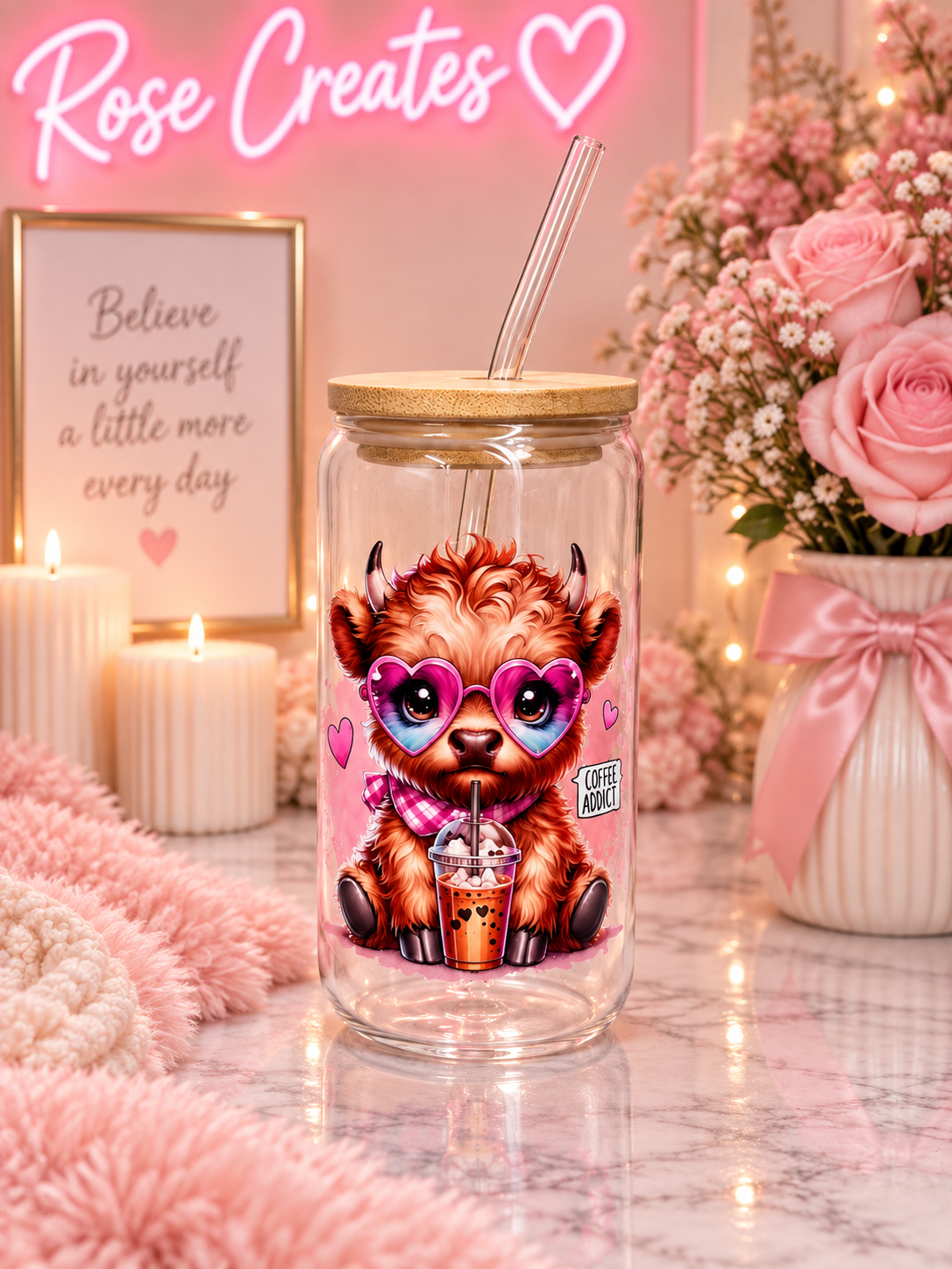 Coffee Addict Highland Cow Glass can cup