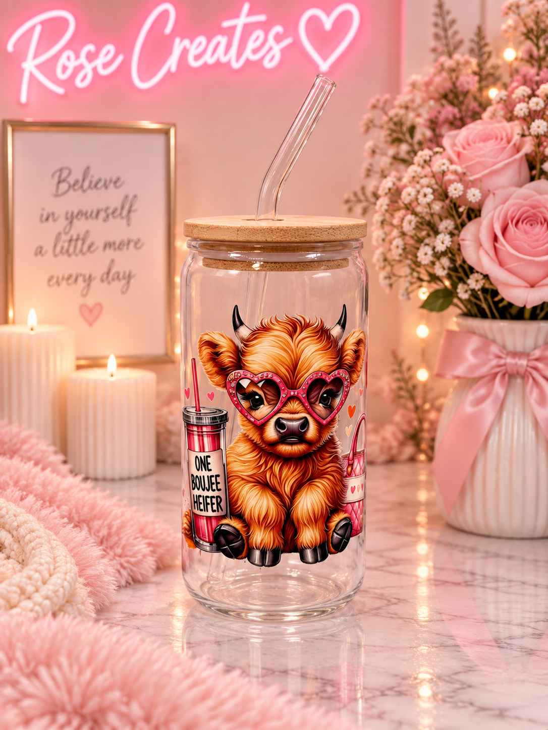 Cute Boujee Heifer Highland Cow 16oz Glass can Tumbler