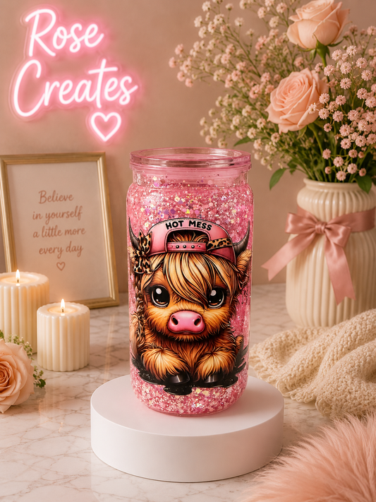 Pink Hot Mess Highland Cow 16oz Snowglobe Tumbler