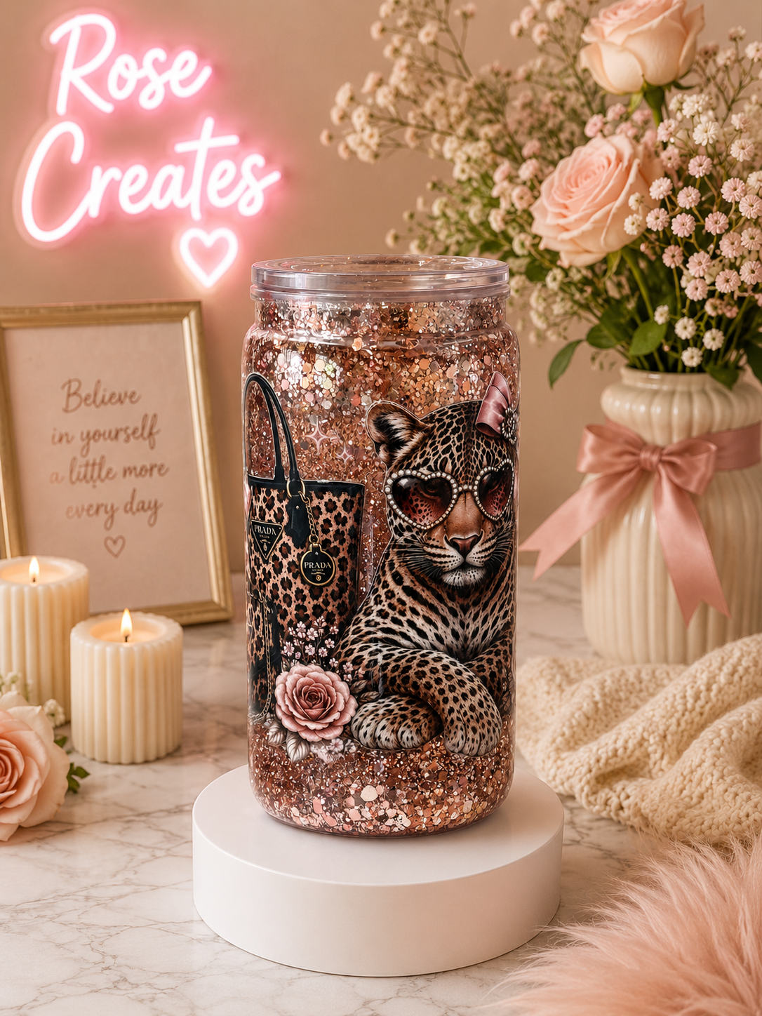 16oz snowglobe tumbler Blush Leopard