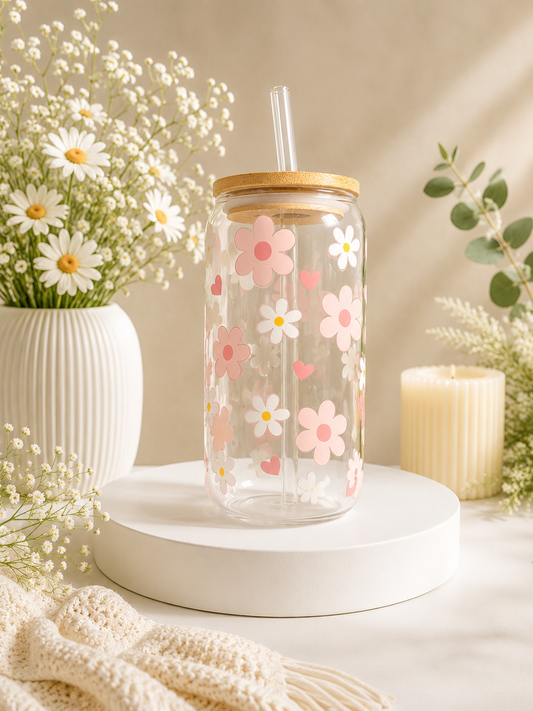 Pink and white daisy 16 oz glass can cup