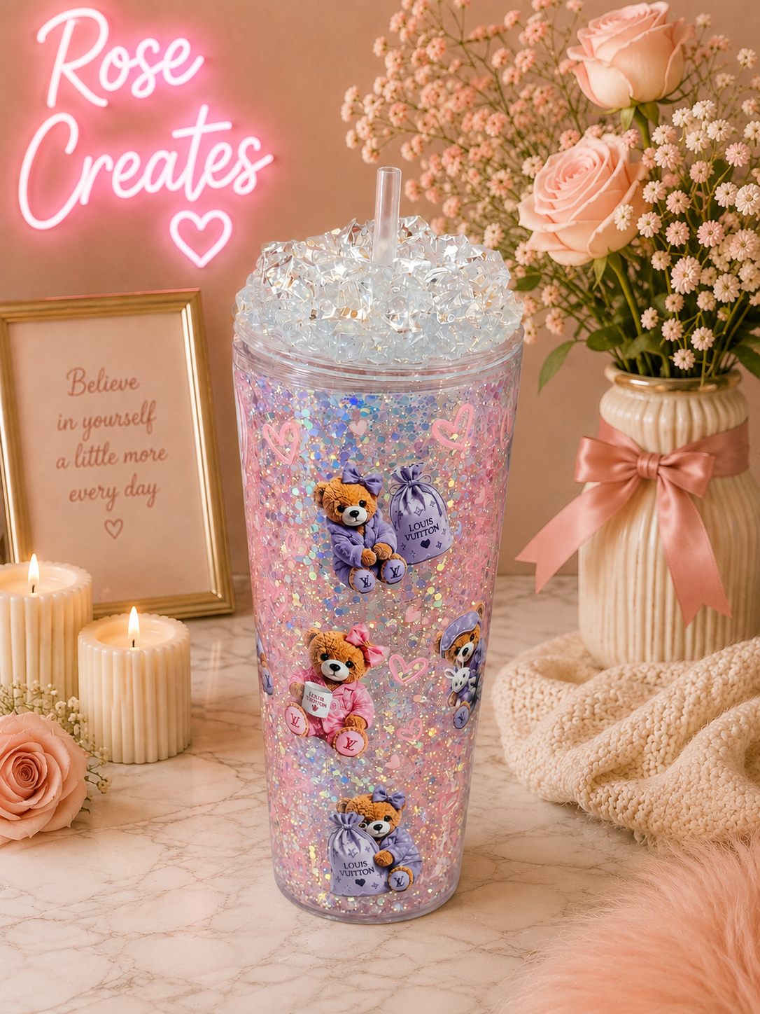 24oz teddy bear snowglobe tumbler