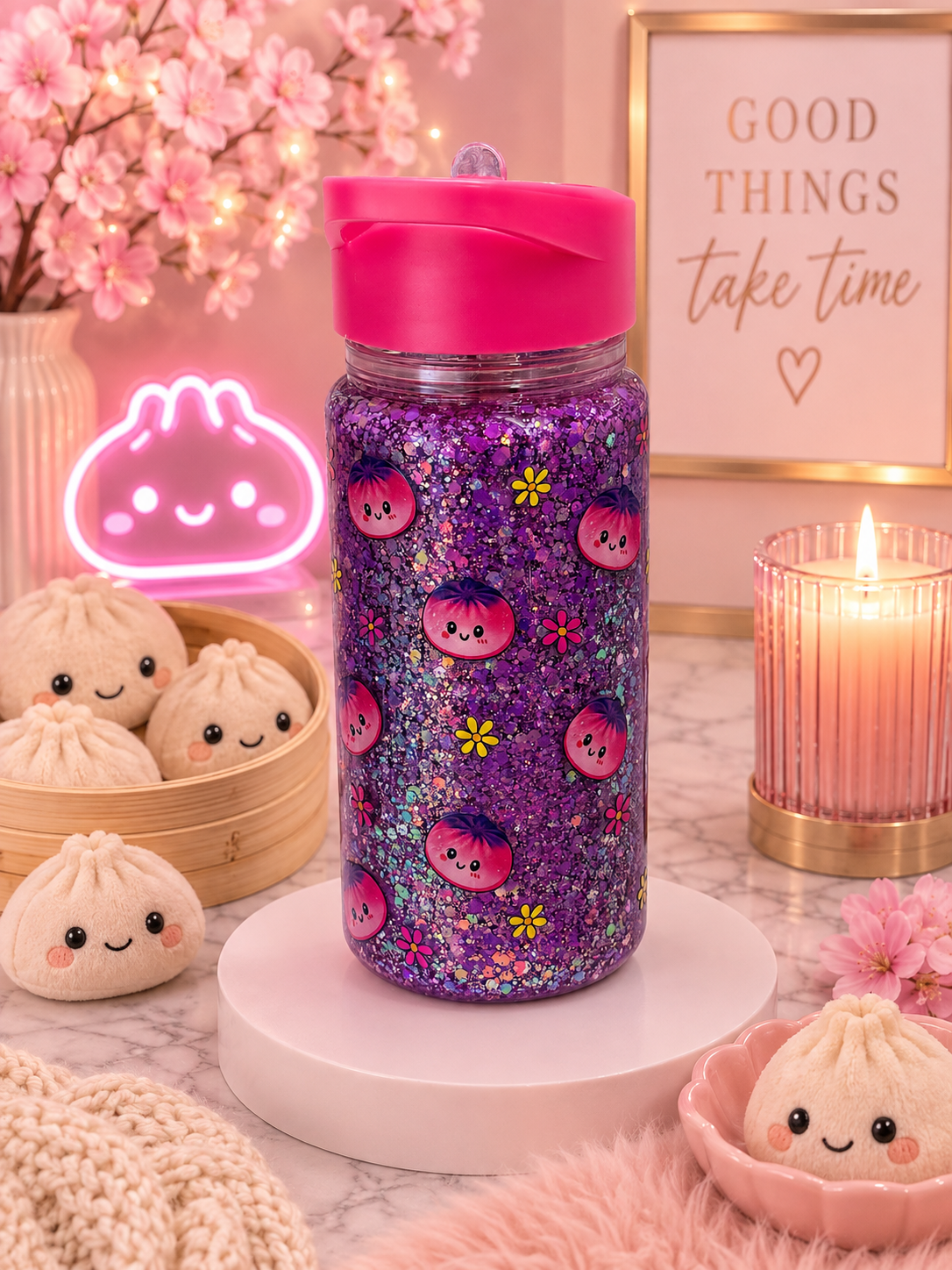 10oz kids Kawaii Dumpling Purple flip top snowglobe Bottle