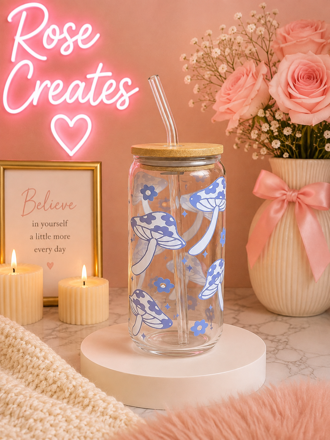 16oz Blue Mushroom Glass Can Tumbler