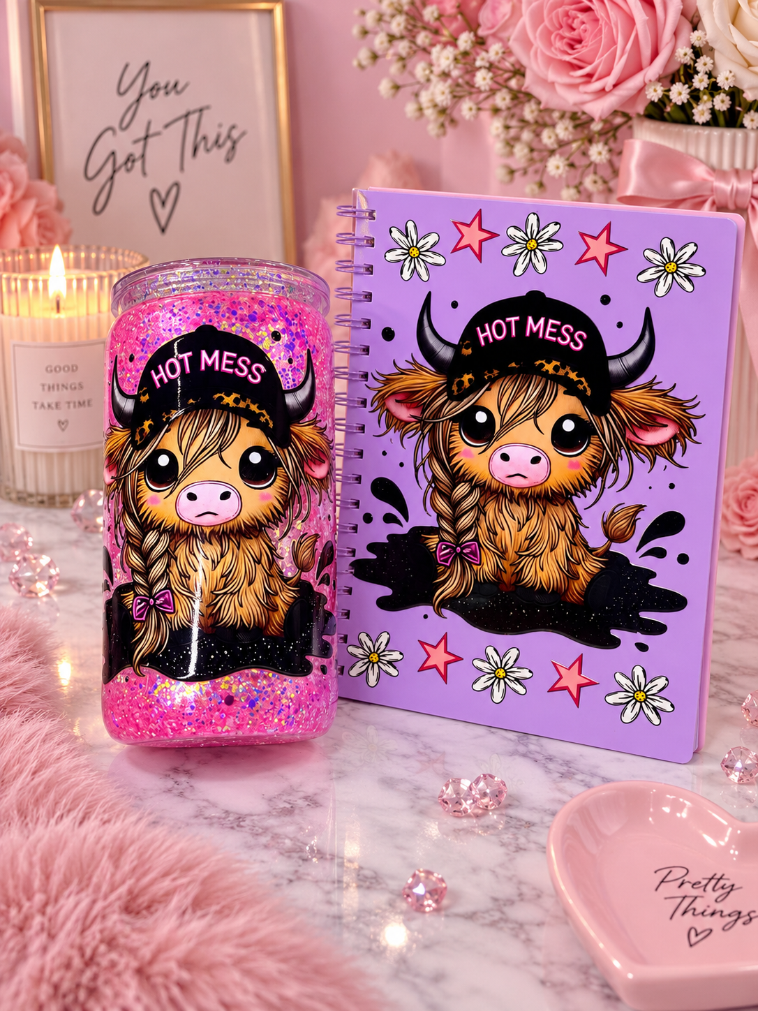 Hot Mess Highland Cow 16oz snowglobe Gift Set