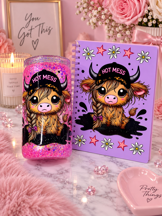 Hot Mess Highland Cow 16oz snowglobe Gift Set