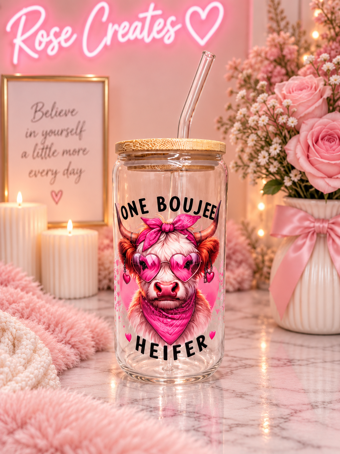 One Boujee Heifer Highland Cow 16oz Glass can tumbler