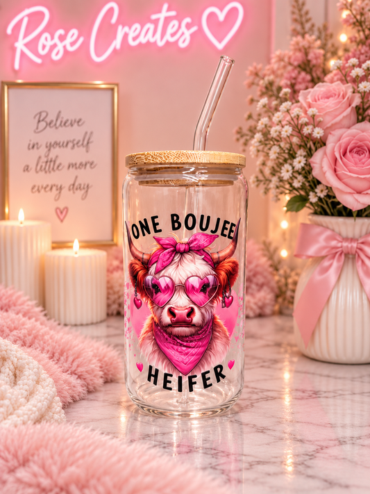 One Boujee Heifer Highland Cow 16oz Glass can tumbler
