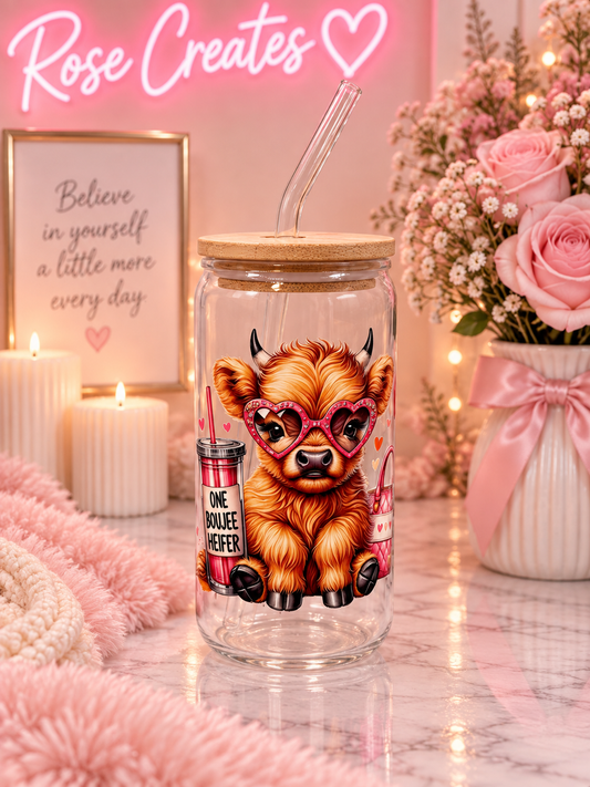 Cute Boujee Heifer Highland Cow 16oz Glass can Tumbler