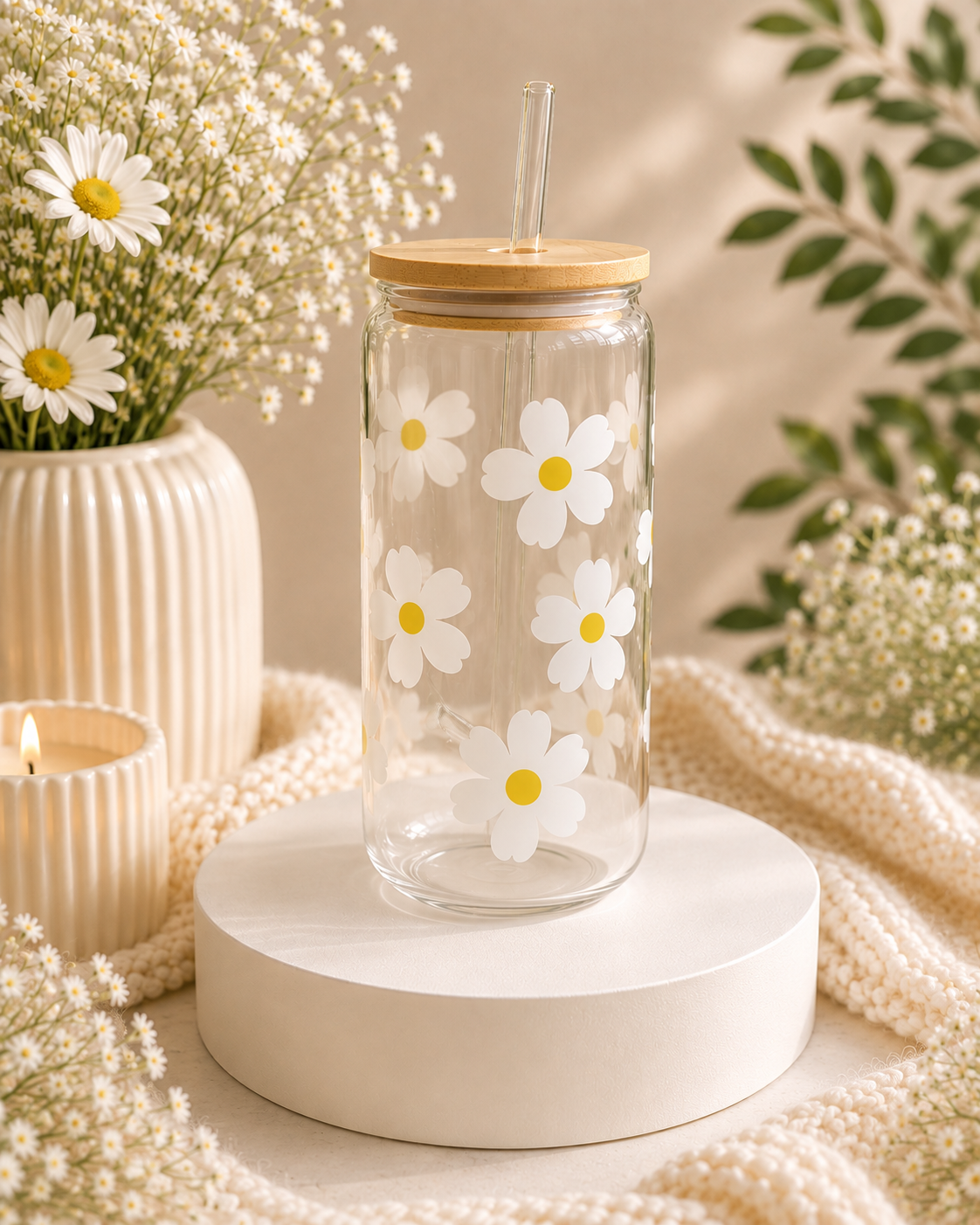 White Daisy 16oz Glass Can Cup