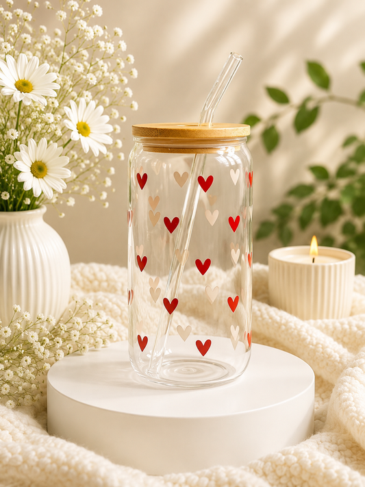 Red hearts 16oz glass can cup
