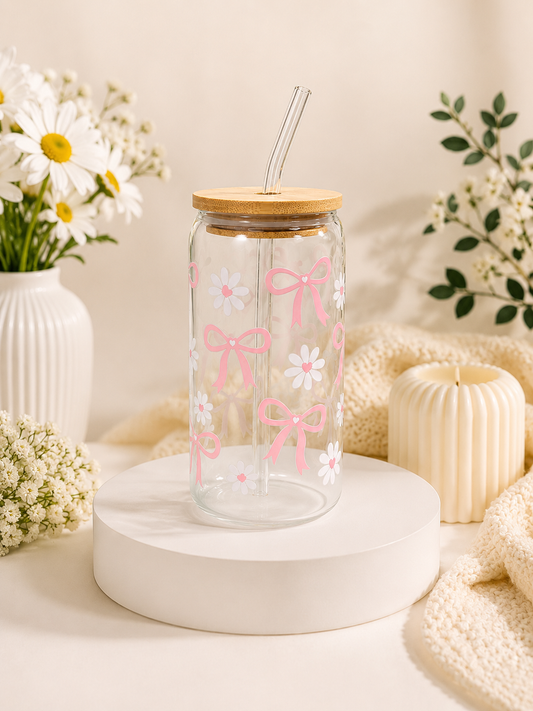 Pink Bows & Daisies 16oz Glass Can cup
