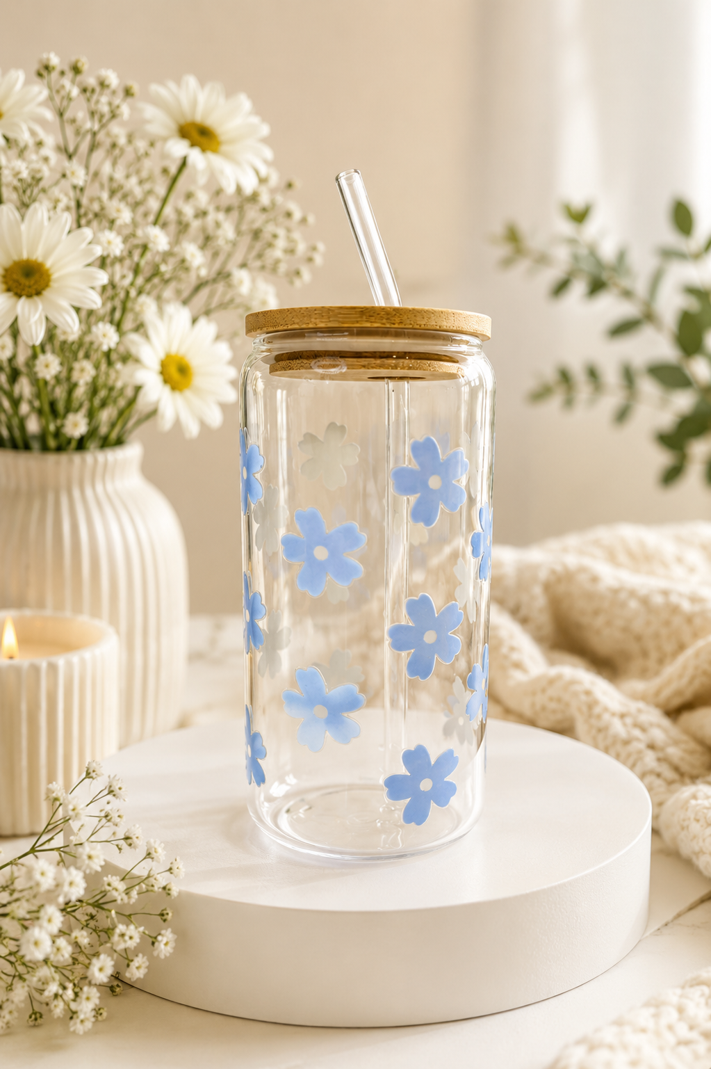 Blue floral 16oz glass can cup