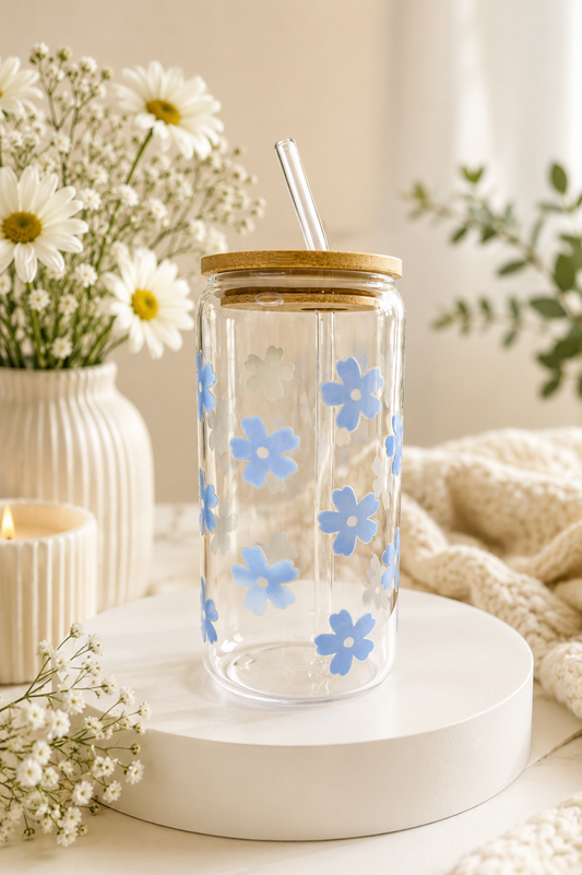 Blue floral 16oz glass can cup